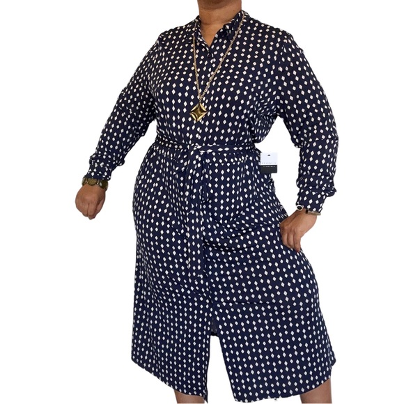 ELOQUII Elements Women's Plus Size Diamond Print Midi Tie Waist Shirt Dress - Picture 4 of 12